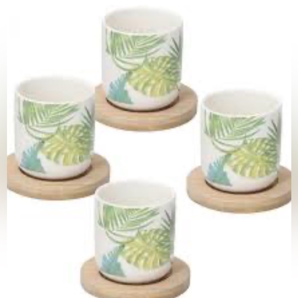 Coffee Tea Mini Porcelain Cups Wooden Coasters tropical leaves print new in box